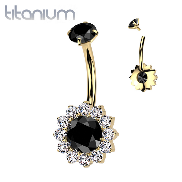 Implant Grade Titanium Gold PVD White CZ Black Large Flower Internally Threaded Belly Ring - Pierced Universe