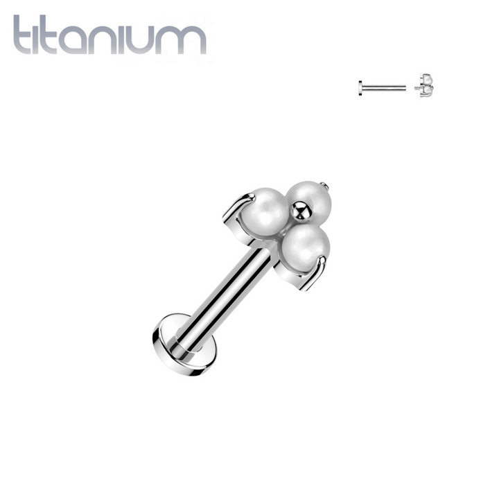 Implant Grade Titanium White Pearl Trillium Internally Threaded Flat Back Labret - Pierced Universe