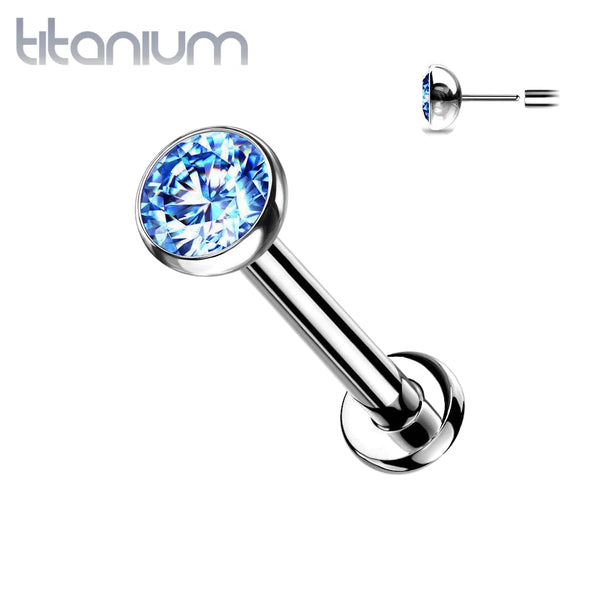 Implant Grade Titanium Threadless Push In Nose Ring Flat Aqua CZ With Flat Back - Pierced Universe