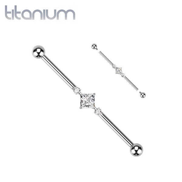 Implant Grade Titanium White CZ Square & Circle Gem Cluster Industrial Straight Barbell - Pierced Universe