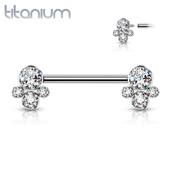 Implant Grade Titanium Internally Threaded White CZ Cluster Nipple Ring Straight Barbell - Pierced Universe
