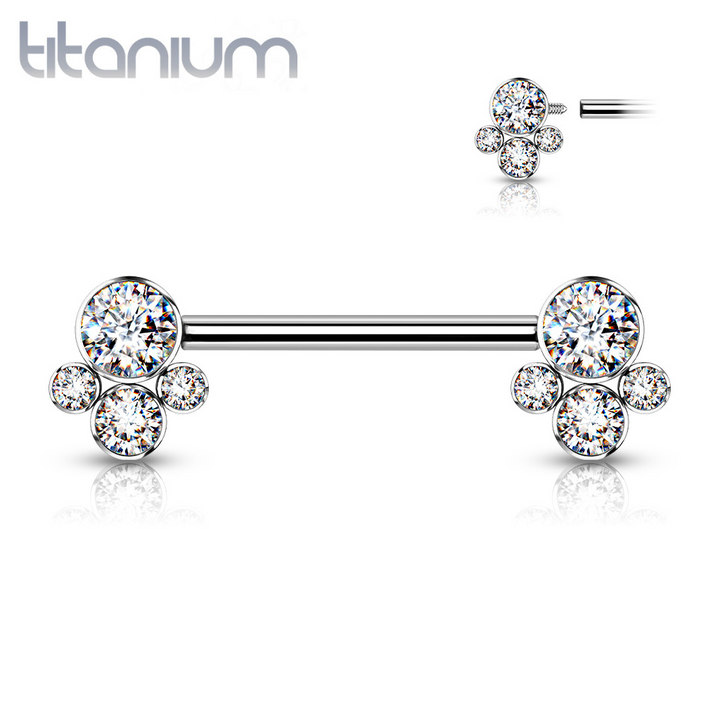 Implant Grade Titanium Internally Threaded White CZ Cluster Nipple Ring Straight Barbell - Pierced Universe