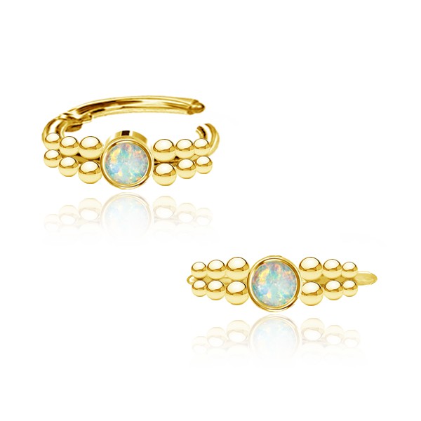 316L Surgical Steel Gold PVD White Opal Bezel Beaded Hinged Clicker Hoop - Pierced Universe