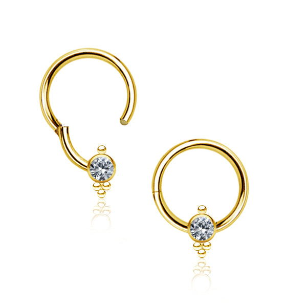 316L Surgical Steel Gold PVD White CZ Dainty Beaded Hinged Clicker Hoop - Pierced Universe