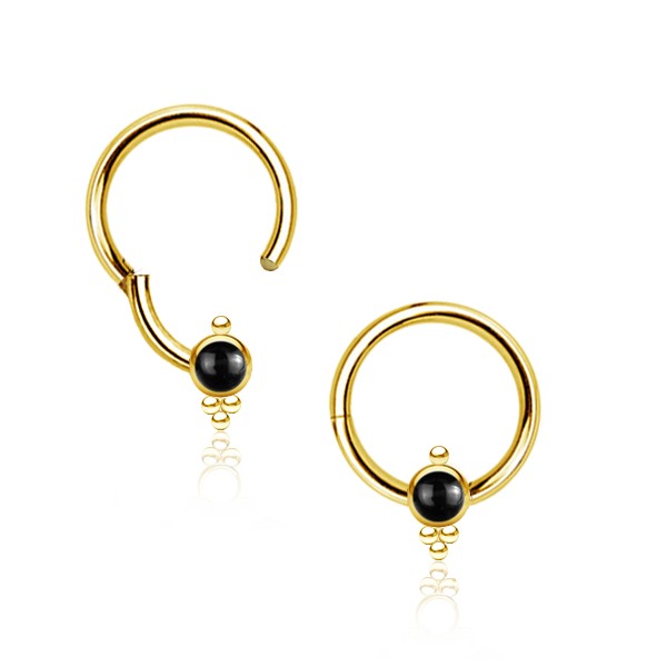 316L Surgical Steel Gold PVD Black Agate Dainty Beaded Hinged Clicker Hoop - Pierced Universe