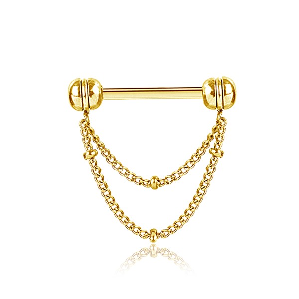 316L Surgical Steel Gold PVD Double Satellite Chain Dangly Nipple Ring Straight Barbell - Pierced Universe