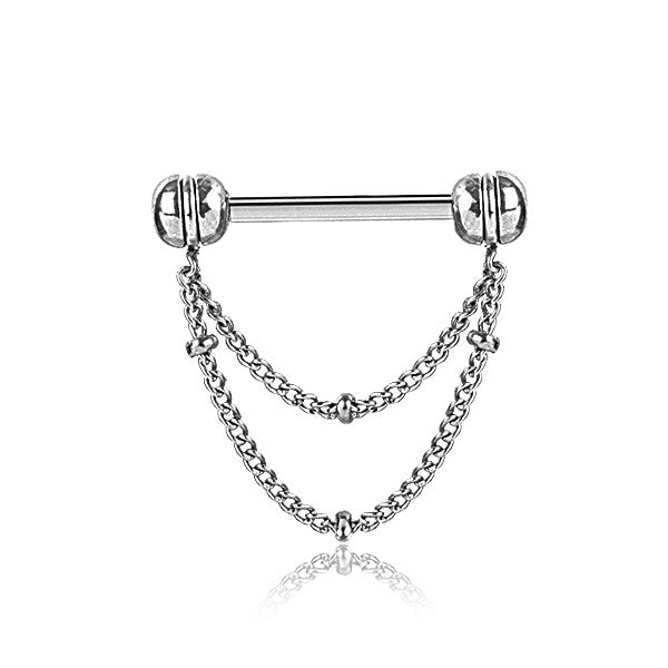 316L Surgical Steel Double Satellite Chain Dangly Nipple Ring Straight Barbell - Pierced Universe
