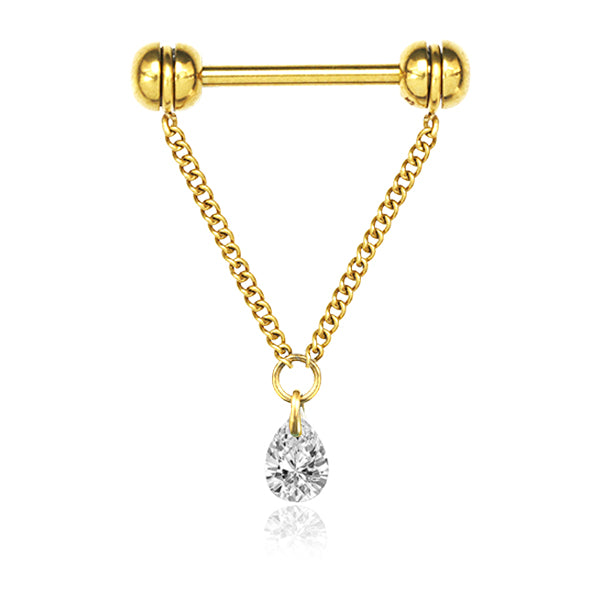 316L Surgical Steel Gold PVD Chain With White CZ Teardrop Dangle Straight Barbell Nipple Ring - Pierced Universe