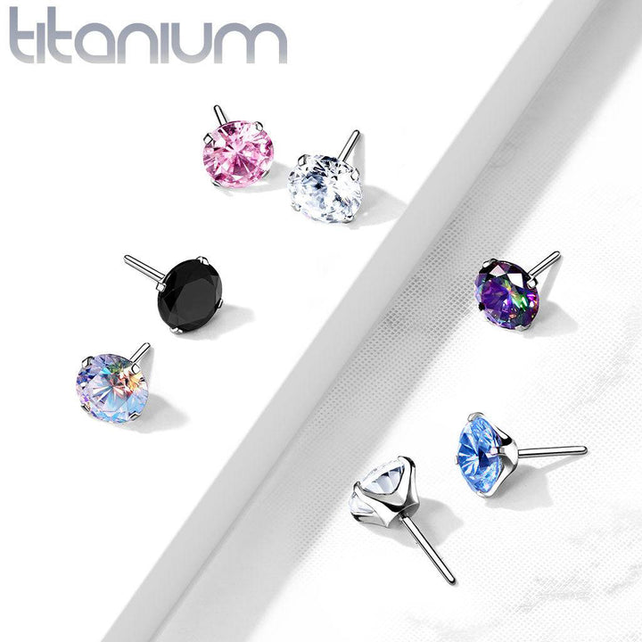 Implant Grade Titanium Threadless Push In Flat Back Aqua Prong CZ Nose Ring Stud - Pierced Universe