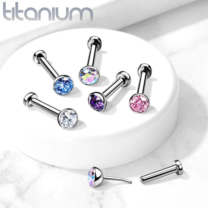 Implant Grade Titanium Threadless Push In Nose Ring Flat Aqua CZ With Flat Back - Pierced Universe
