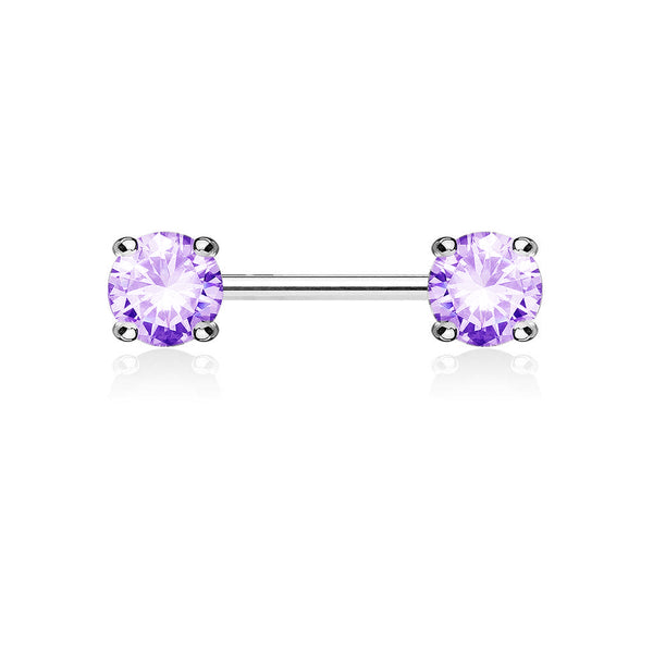 316L Surgical Steel Prong Double Round Purple CZ Nipple Ring Barbell - Pierced Universe