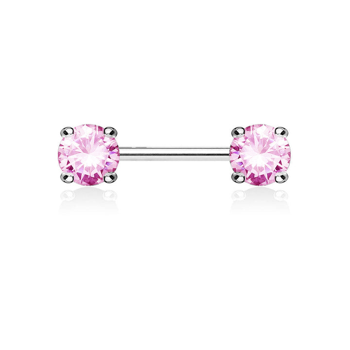 316L Surgical Steel Prong Double Round Pink CZ Nipple Ring Barbell - Pierced Universe