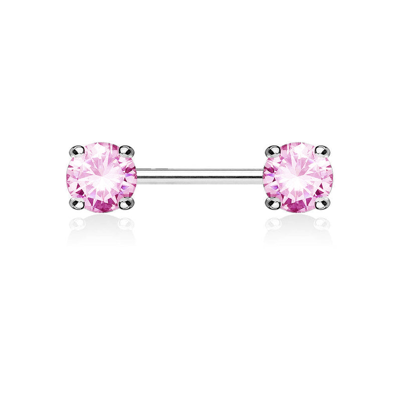 316L Surgical Steel Prong Double Round Pink CZ Nipple Ring Barbell - Pierced Universe