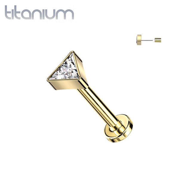 Implant Grade Titanium Gold PVD White CZ Triangle Threadless Push In Labret - Pierced Universe