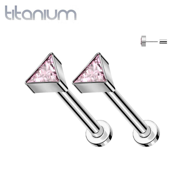 Pair of Implant Grade Titanium Pink CZ Triangle Threadless Push In Earrings With Flat Back - Pierced Universe