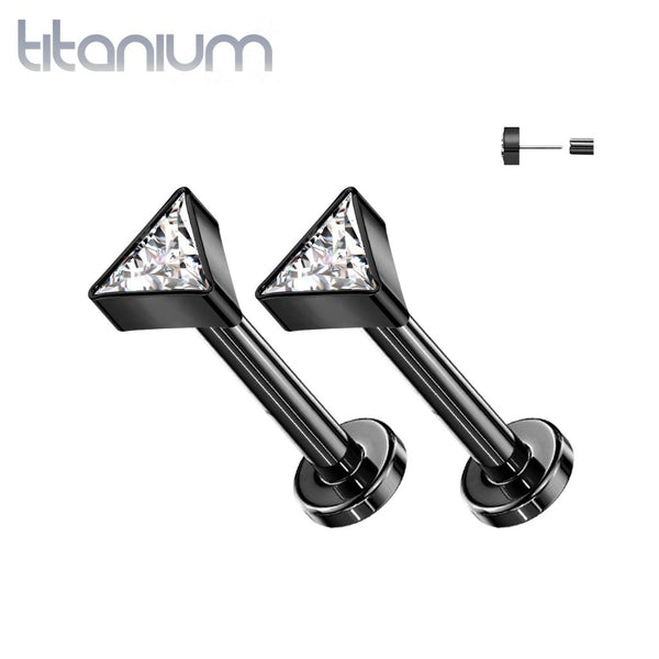 Pair of Implant Grade Titanium Black PVD White CZ Triangle Threadless Push In Earrings With Flat Back - Pierced Universe