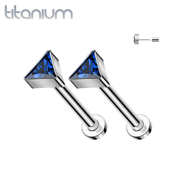 Pair of Implant Grade Titanium Royal Blue CZ Triangle Threadless Push In Earrings With Flat Back - Pierced Universe