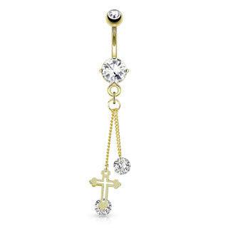 14kt Gold Plated Crucifix Cross with 2 String Dangle and Round CZ Gems - Pierced Universe