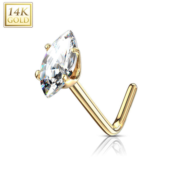 14KT Solid Gold L Shape White Marquise CZ Nose Ring Stud - Pierced Universe