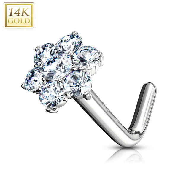 14KT Solid White Gold L Shape Flower White CZ Nose Ring Stud - Pierced Universe