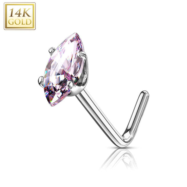 14KT Solid White Gold L Shape Pink Marquise CZ Nose Ring Stud - Pierced Universe