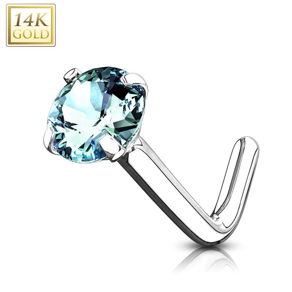 14KT Solid White Gold "L" Shaped Bent Aqua Circle CZ Nose Ring Stud - Pierced Universe