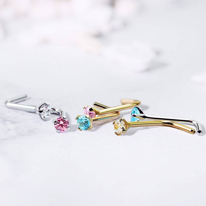 14KT Solid White Gold "L" Shaped Bent White CZ Circle Nose Ring Stud - Pierced Universe