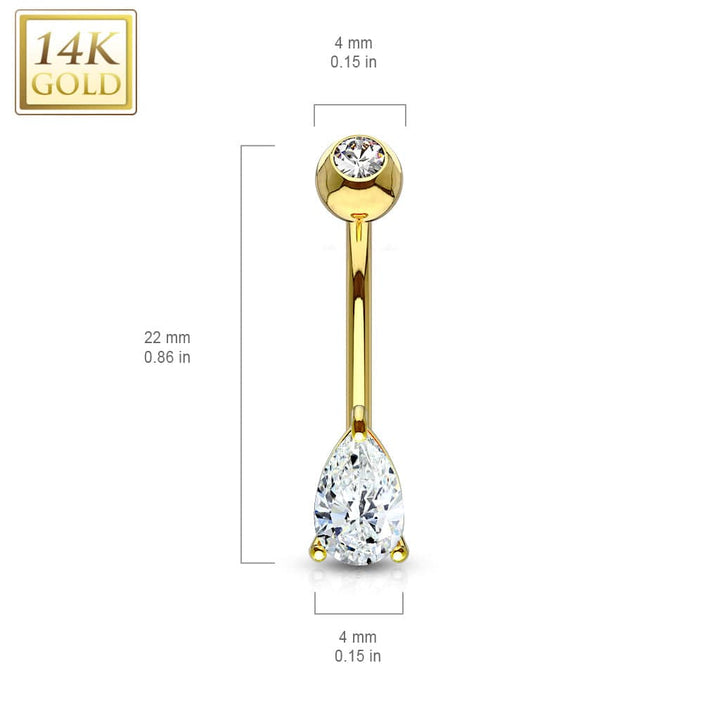 14KT Solid White Gold Tear Drop White CZ Belly Ring - Pierced Universe