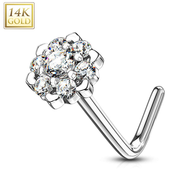 14KT Solid White Gold White CZ Cluster Flower L shape Nose Ring Stud - Pierced Universe