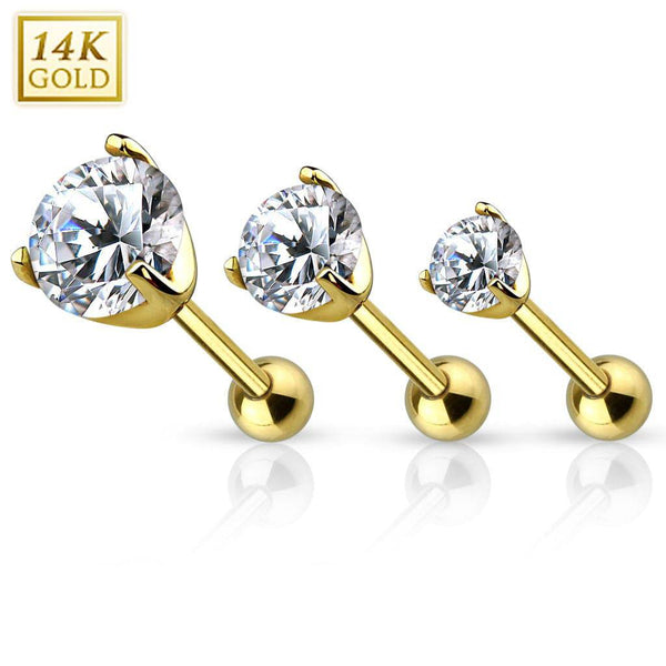 14KT Solid Yellow Gold Ball Back White CZ Prong Cartilage Helix Stud 14KT Solid Yellow Gold Ball Back White CZ Prong Cartilage Helix Stud