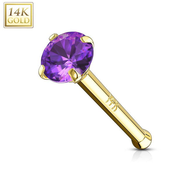 14KT Solid Yellow Gold Ball End Purple CZ Prong Nose Pin Ring - Pierced Universe
