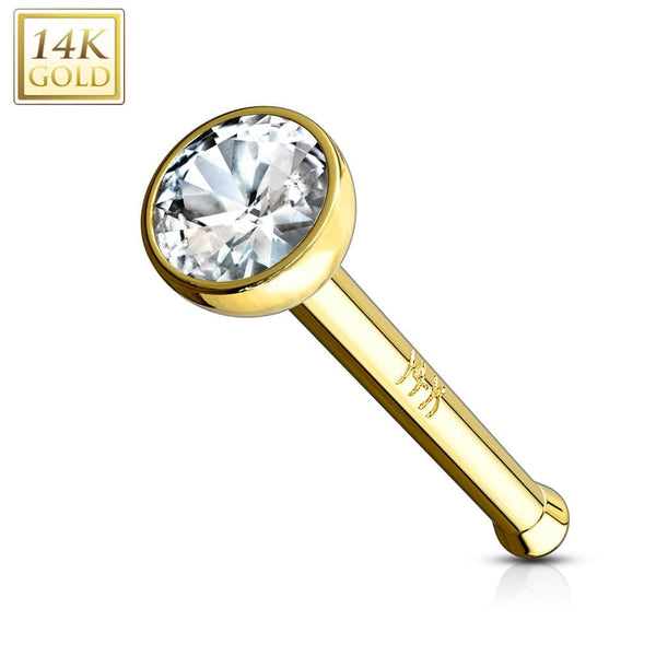 14KT Solid Yellow Gold Bezel White 2mm CZ Nose Bone Ring Stud - Pierced Universe