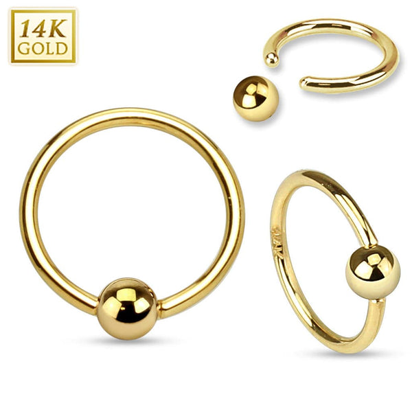 14KT Solid Yellow Gold Captive Bead Ring Hoop - Pierced Universe