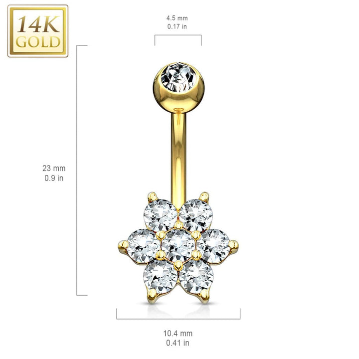 14KT Solid Yellow Gold Flower White CZ Belly Ring - Pierced Universe