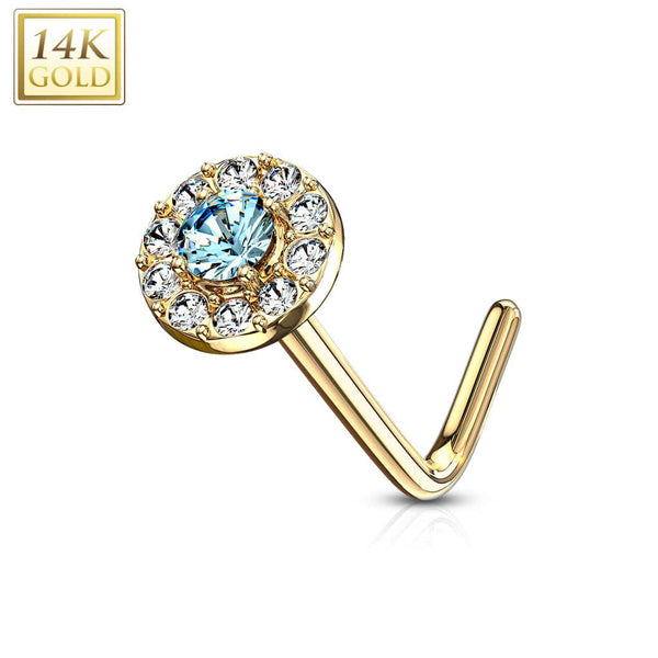 14KT Solid Yellow Gold L Shape Bent Aqua & White CZ Cluster Nose Stud - Pierced Universe