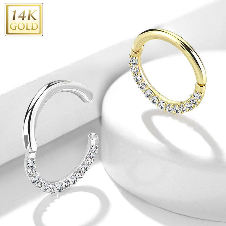 14KT Solid Yellow Gold Paved CZ Hinged Septum Ring - Pierced Universe