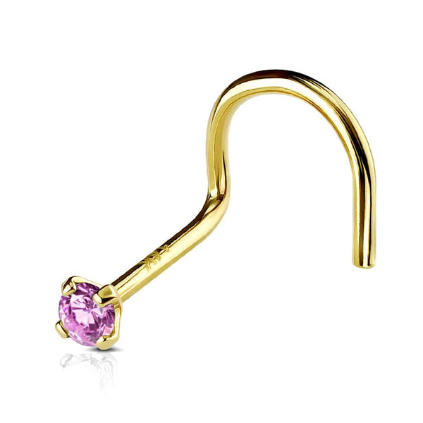 14KT Solid Yellow Gold Prong Pink CZ Gem Corkscrew Nose Ring Stud - Pierced Universe