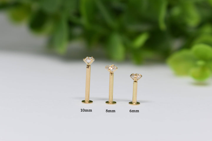 14KT Solid Yellow Gold Push In Threadless Flat Back CZ Labret Tragus Cartilage Stud - Pierced Universe