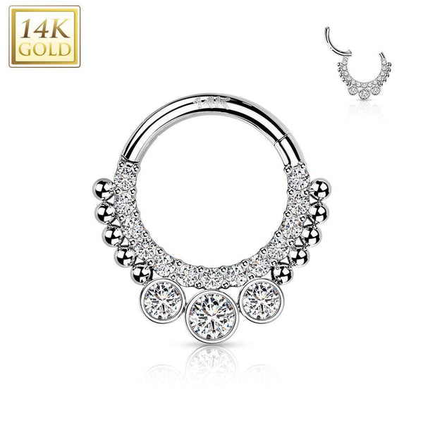 14KT White Gold Beaded White CZ Bezel Center Hinged Septum Clicker Hoop - Pierced Universe