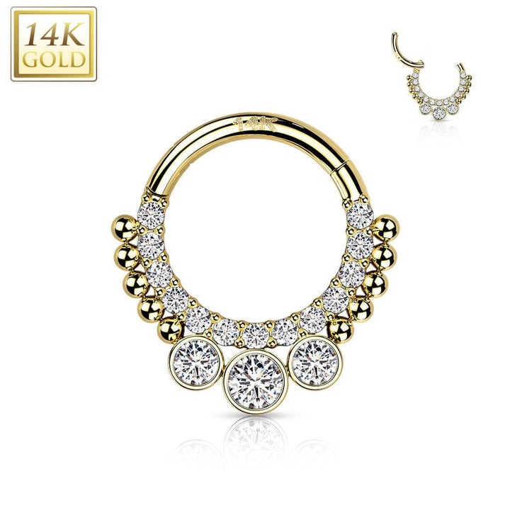 14KT Yellow Gold Beaded White CZ Bezel Center Hinged Septum Clicker Hoop - Pierced Universe