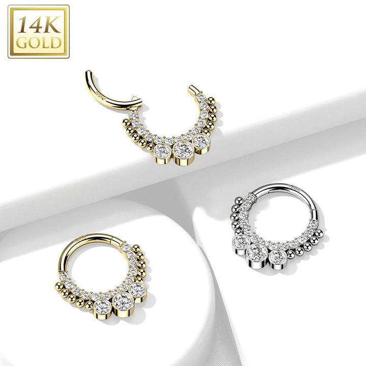 14KT Yellow Gold Beaded White CZ Bezel Center Hinged Septum Clicker Hoop - Pierced Universe