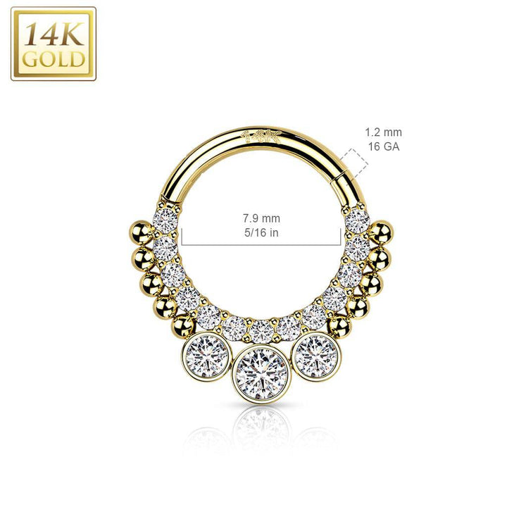 14KT Yellow Gold Beaded White CZ Bezel Center Hinged Septum Clicker Hoop - Pierced Universe