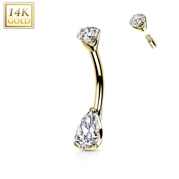 14KT Yellow Gold Pear Shaped White CZ Stud Belly Ring - Pierced Universe