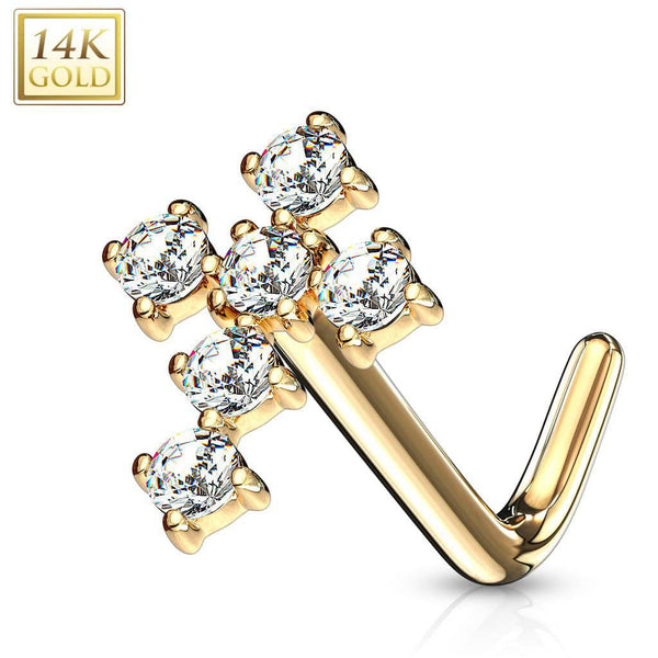 14KT Yellow Gold White "L" Bent Cross CZ Nose Ring Stud - Pierced Universe