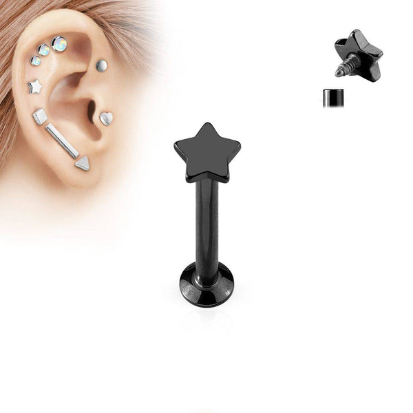 16ga black anodized surgical steel flat back internally threaded star labret monroe tragus cartilage ring - Pierced Universe