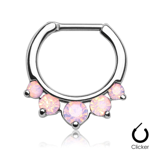 16ga Prong Set 5 Gem Pink Opalite Opaque CZ 316L Surgical Steel Bar Septum Ring Clicker - Pierced Universe