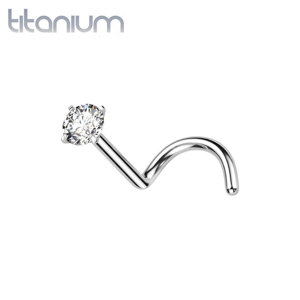 Implant Grade Titanium Corkscrew Nose Ring Stud with Prong White CZ Gem - Pierced Universe