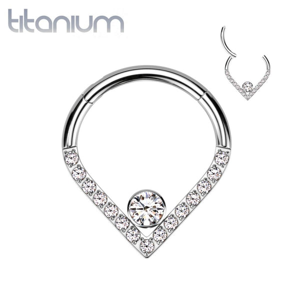 Implant Grade Titanium V Chevron with Single White CZ Hinged Clicker Hoop - Pierced Universe