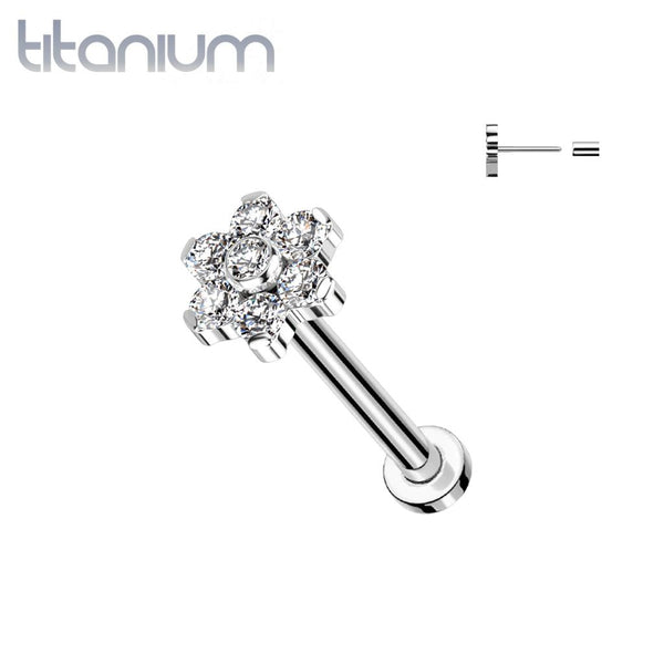 Implant Grade Titanium Threadless Push In Tragus/Cartilage White CZ Flower With Flat Back - Pierced Universe