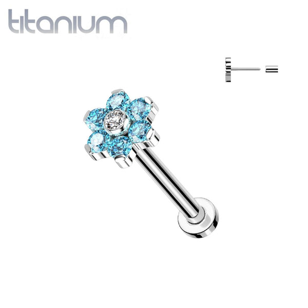 Implant Grade Titanium Threadless Push In Nose Ring Aqua CZ Flower With Flat Back - Pierced Universe